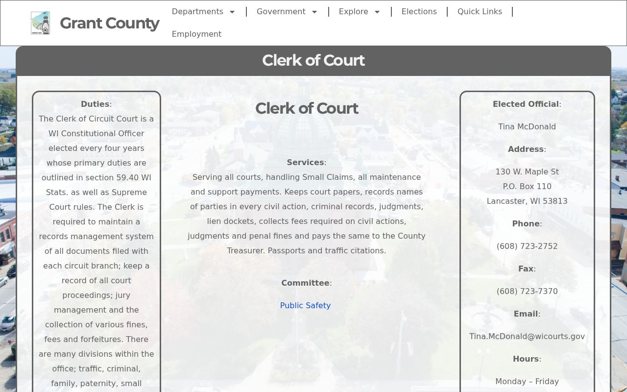 Grant County court record Clerk of Circuit Court page