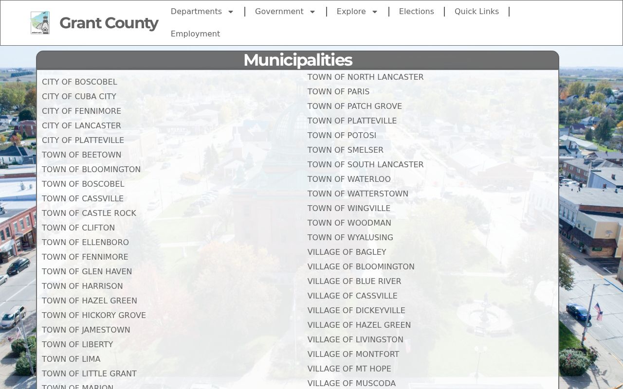 Grant County official municipalities page used to identify city traffic-record routes