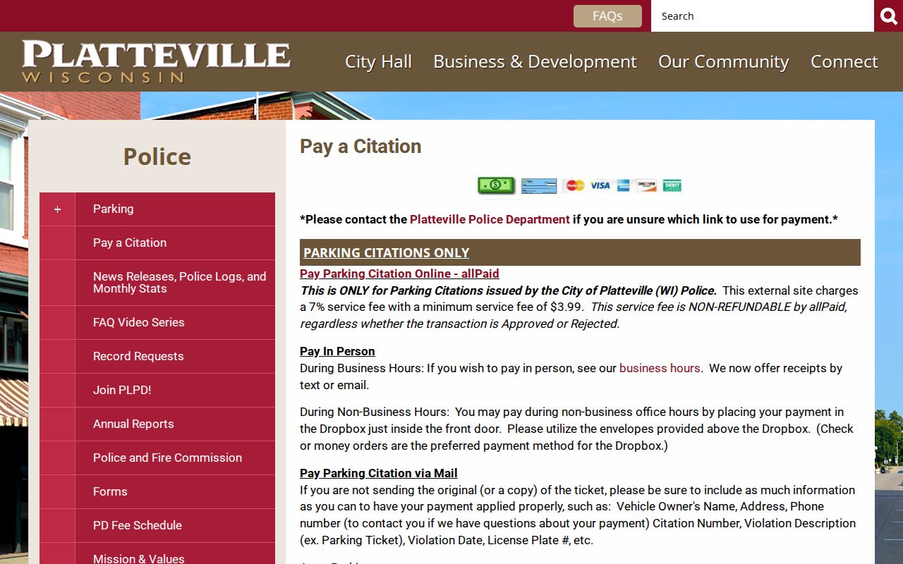 Platteville Police citation page distinguishing city parking payments from Grant County citations